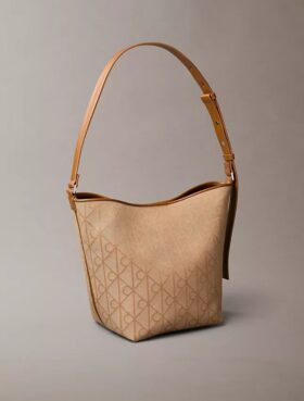 Allover Emblem Logo Jacquard Bucket Bag with Pouch