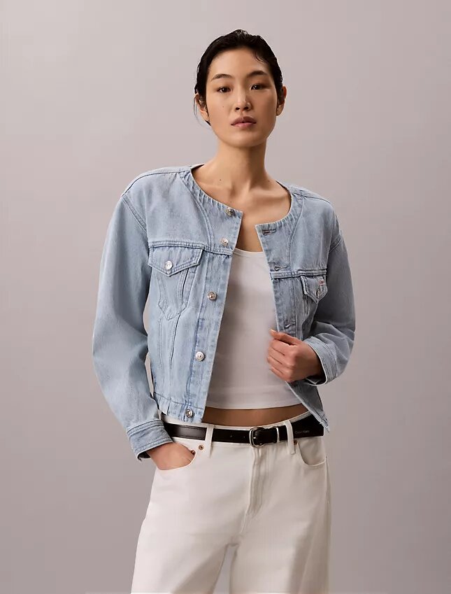 Cropped Collarless Denim Trucker Jacket Cropped Collarless Denim Trucker Jacket