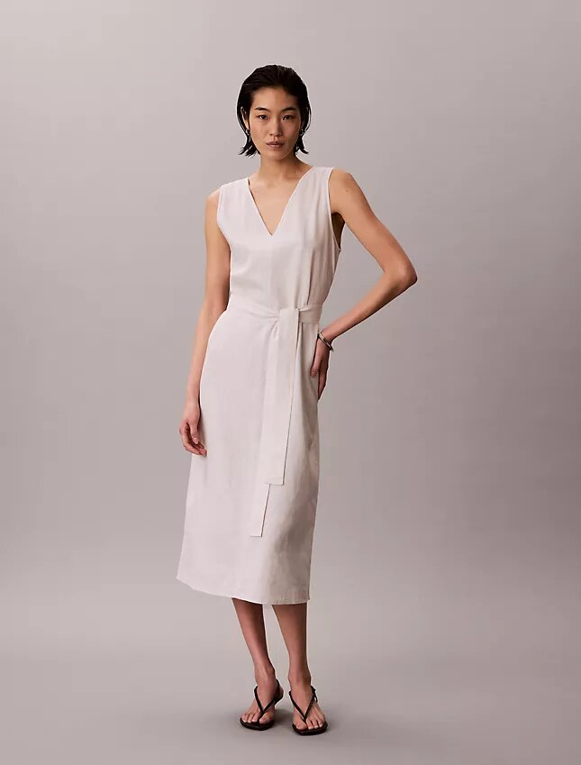 Linen Blend V-Neck Sleeveless Belted Dress Linen Blend V-Neck Sleeveless Belted Dress
