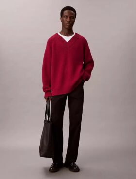 Merino Wool Blend Relaxed V-Neck Sweater